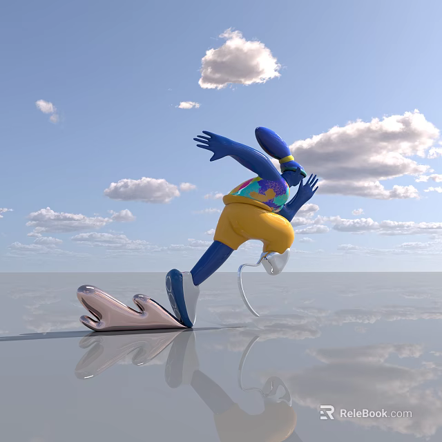 Blue Inflatable Figure Running on Reflective Ground With Yellow Shorts and Mask Against Cloudy Sky 3d model 