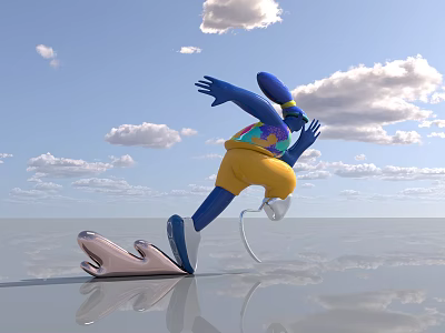 Blue Inflatable Figure Running on Reflective Ground With Yellow Shorts and Mask Against Cloudy Sky 3d model