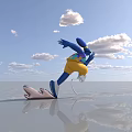 Blue Inflatable Figure Running on Reflective Ground With Yellow Shorts and Mask Against Cloudy Sky
