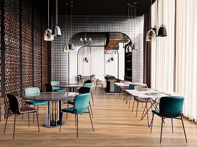 Modern Restaurant Interior With Wooden Flooring Green Black Chairs Pendant Lights And Decorative Wall Panels 3d model