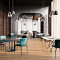 Modern Restaurant Interior With Wooden Flooring Green Black Chairs Pendant Lights And Decorative Wall Panels