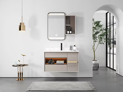 Modern Bathroom Interior With Wall Mounted Vanity Mirror Hanging Light And Potted Plant 3d model