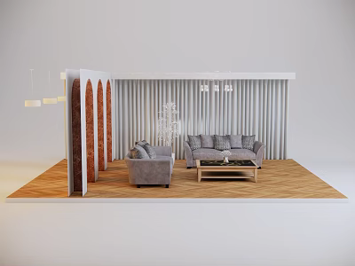 Modern Living Room Interior With Sofa Coffee Table Set Vertical Slat Wall And Wooden Flooring 3d model