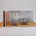 Modern Living Room Interior With Sofa Coffee Table Set Vertical Slat Wall And Wooden Flooring