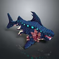 Blue Shark With Sharp Teeth Glowing Blue Cubes Red Internal Structure And Wing Like Structures 3d model