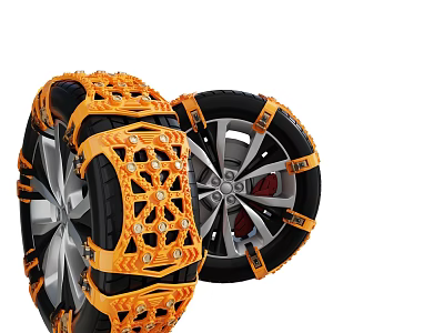 Car Winter Safety Orange Tire Chains Fitted On Silver Alloy Wheels 3d model