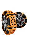 Car Winter Safety Orange Tire Chains Fitted On Silver Alloy Wheels