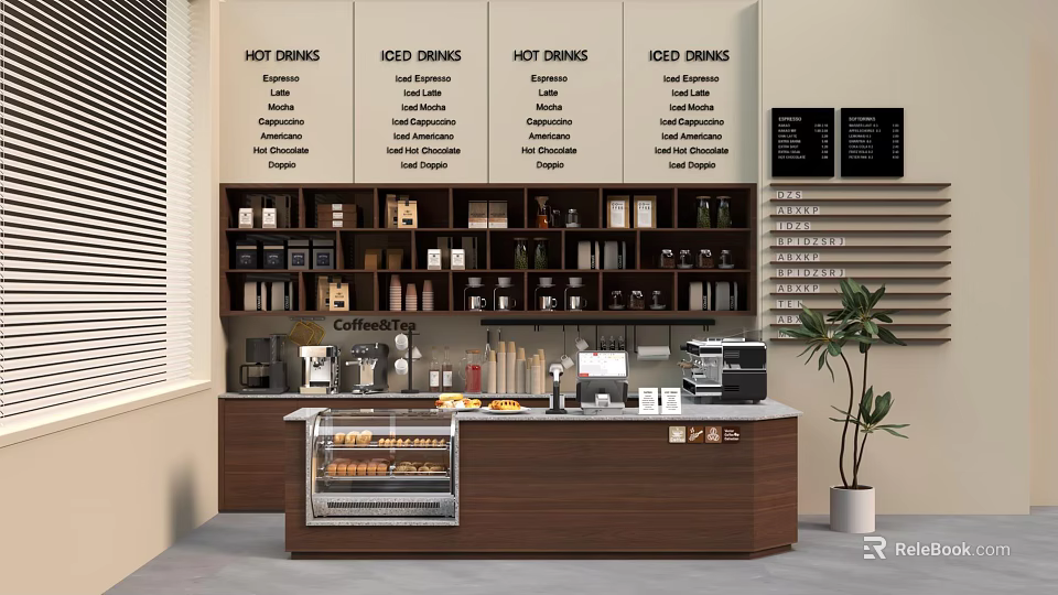 Bubble Tea Shop Interior With Hot Iced Drinks Menu Counter Display Case And Coffee Machines 3d model 