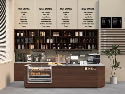 Bubble Tea Shop Interior With Hot Iced Drinks Menu Counter Display Case And Coffee Machines 3d model