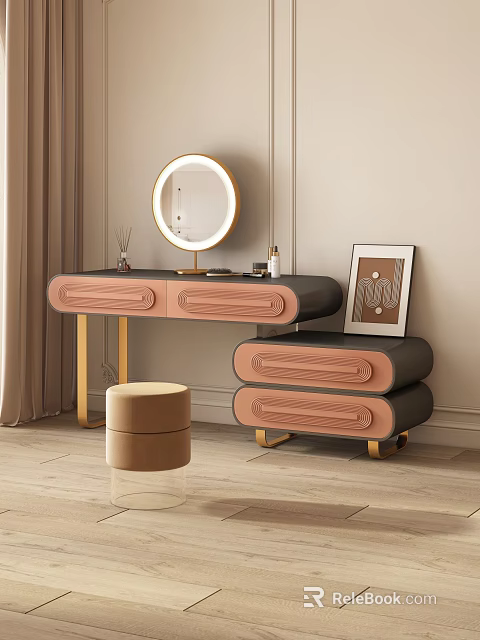 Modern Dressing Table With Round Mirror Gold Legs Drawers Stool And Perfume Bottles 3d model 