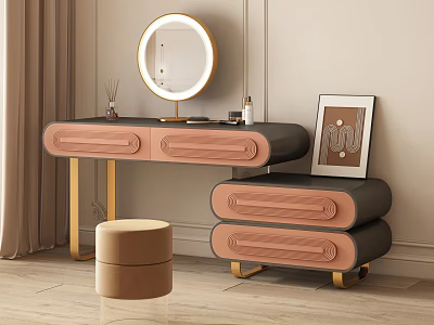 Modern Dressing Table With Round Mirror Gold Legs Drawers Stool And Perfume Bottles 3d model