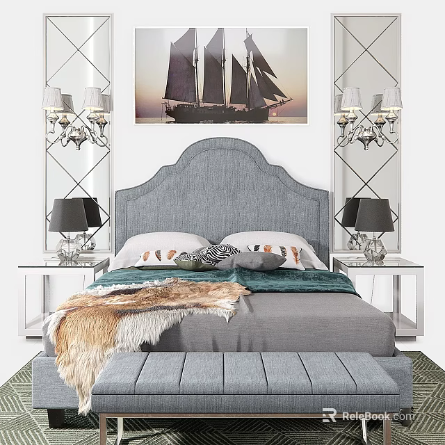 Upholstered Gray Double Bed With Glass Nightstands Black Table Lamps And Sailboat Wall Art 3d model 