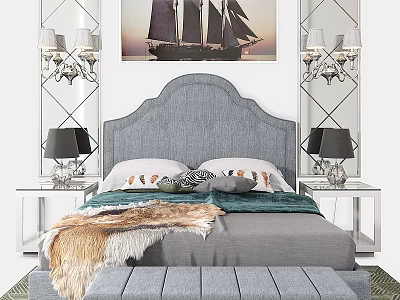 Upholstered Gray Double Bed With Glass Nightstands Black Table Lamps And Sailboat Wall Art 3d model