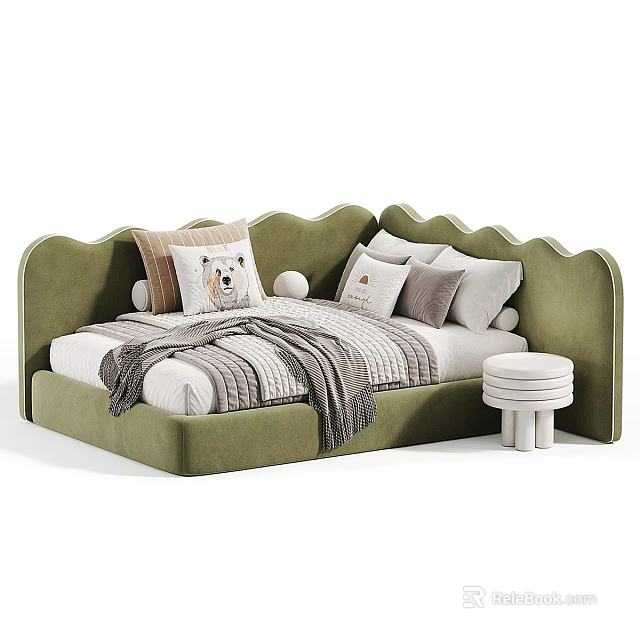Green Wavy Design Sofa Bed With Bear Pattern Pillows Cozy Blanket And Round Stools 3d model 