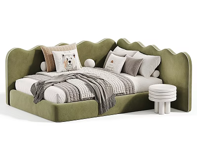Green Wavy Design Sofa Bed With Bear Pattern Pillows Cozy Blanket And Round Stools 3d model