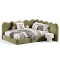 Green Wavy Design Sofa Bed With Bear Pattern Pillows Cozy Blanket And Round Stools 3d model