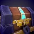 Ornate Wooden Treasure Chest With Blue Edges Golden Base And Decorative Lock