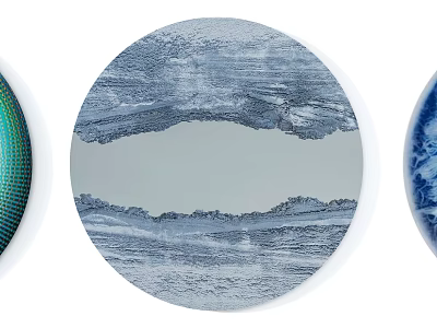 Set of Round Framed Paintings Featuring Blue Gray Textured Landscape And Abstract Patterns 3d model