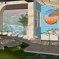Sunset Beach Themed Restaurant With Arched Design Palm Trees Wooden Tables And Outdoor Seating