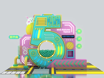 Interactive Colorful Number 5 Countdown Installation With Cartoon Rabbit And Mechanical Details 3d model