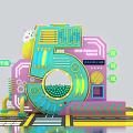 Interactive Colorful Number 5 Countdown Installation With Cartoon Rabbit And Mechanical Details 3d model
