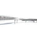 Modern Landscape Bridge With Striped Railings Supporting Pillars And Pedestrian Walkway