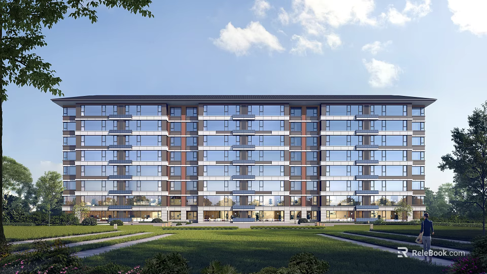 Modern Multi Story Residential Building Exterior With Glass Curtain Walls Landscaped Lawns And Blue Sky 3d model 