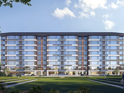 Modern Multi Story Residential Building Exterior With Glass Curtain Walls Landscaped Lawns And Blue Sky 3d model