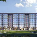 Modern Multi Story Residential Building Exterior With Glass Curtain Walls Landscaped Lawns And Blue Sky