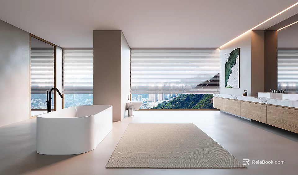 Modern Bathroom Interior Design With White Bathtub Large Windows Blinds Countertop And Rug 3d model 