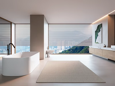 Modern Bathroom Interior Design With White Bathtub Large Windows Blinds Countertop And Rug 3d model