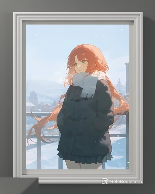 Anime Character Portrait with Red Hair Green Eyes in Black Coat Scarf at Snowy Window 3d model 