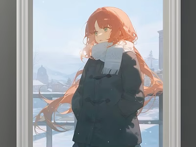 Anime Character Portrait with Red Hair Green Eyes in Black Coat Scarf at Snowy Window 3d model