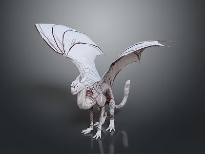 White 3D Dragon Model With Spread Wings And Intricate Skeleton Details 3d model