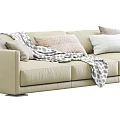 Modern Beige Three Seater Sofa With Soft Fabric Cushions And Throw Blanket 3d model