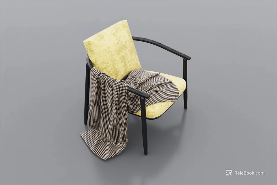 Yellow Cushioned Armchair with Black Armrests Legs and Plaid Blanket Draped 3d model 