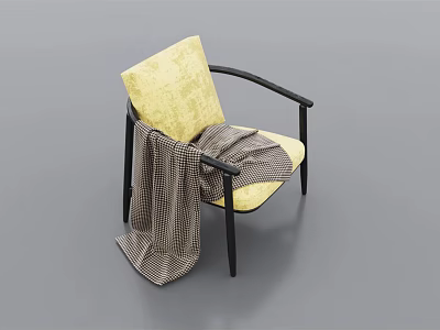 Yellow Cushioned Armchair with Black Armrests Legs and Plaid Blanket Draped 3d model