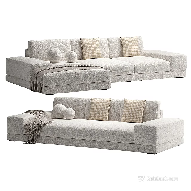 Modern Light Gray Fabric Sectional Sofa With Checkered Pillows And Decorative Balls 3d model