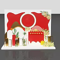 Elegant Exhibition Booth Display With Red Background Golden Decorations Logo Gift Boxes And Plants