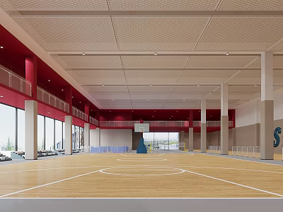 Modern Basketball Gymnasium With Red Pillars Wooden Flooring Perforated Ceiling Large Windows And Basketball Hoop 3d model