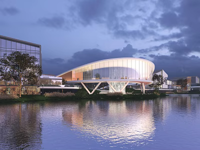 Park Landscape Featuring Modern Architecture Trees And Calm Water Reflection In Twilight Sky 3d model