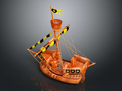 Wooden Model Sailing Ship With Mast Black Yellow Flags And Decorative Design 3d model