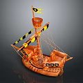 Wooden Model Sailing Ship With Mast Black Yellow Flags And Decorative Design
