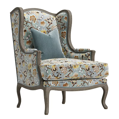 Elegant Accent Chair With Floral Upholstery Light Blue Cushion Wooden Arms And Legs 3d model