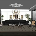 Elegant Living Room Interior With Dark Sofa Wooden Coffee Table Herringbone Rug And Chandelier