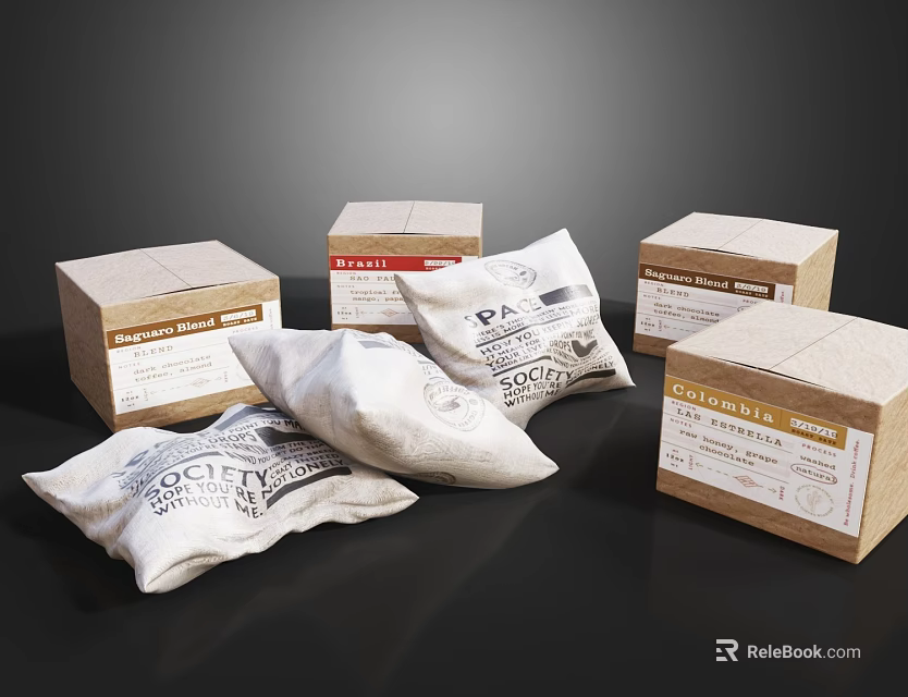Decorative Ornament Set With Brown Cardboard Boxes White Cloth Bags And Labels On Black Tabletop 3d model 
