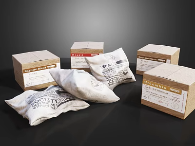 Decorative Ornament Set With Brown Cardboard Boxes White Cloth Bags And Labels On Black Tabletop 3d model