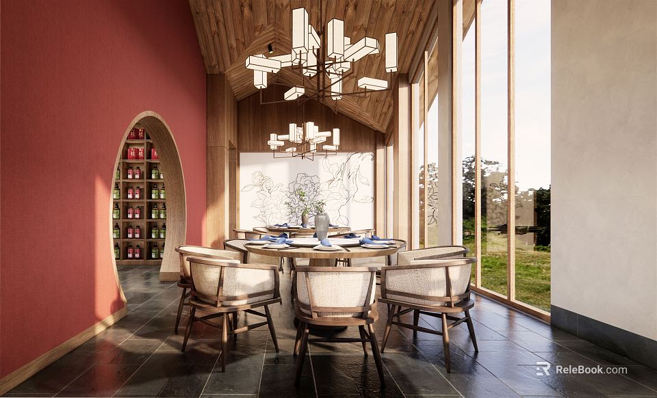 Private Dining Room Featuring Wooden Ceiling Chandelier Round Table Arched Wine Rack Red Wall Large Windows 3d model 