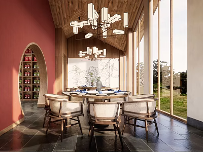 Private Dining Room Featuring Wooden Ceiling Chandelier Round Table Arched Wine Rack Red Wall Large Windows 3d model