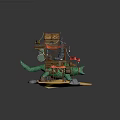 Cartoon Scene With Multi Level Wooden Building Red Roofs Green Vines Wooden Platform And Stones